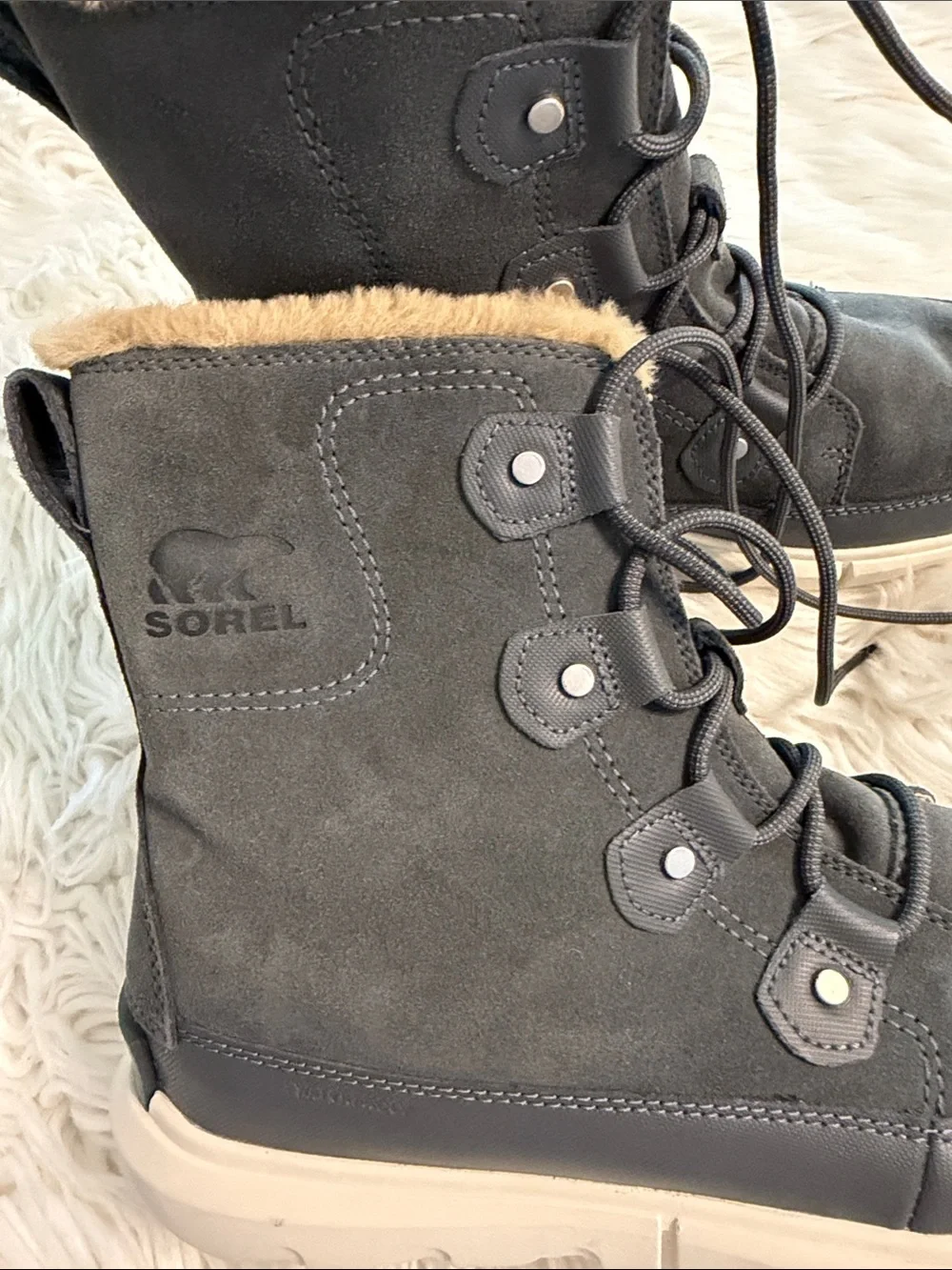 Sorel Charcoal Grey Suede Lace-Up Faux Fur Ankle Boots size 9.5 BNWOT see photos